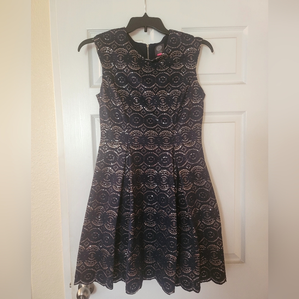 Vince Camuto Dark Blue and Gold Sequin Mini Dress Size 8